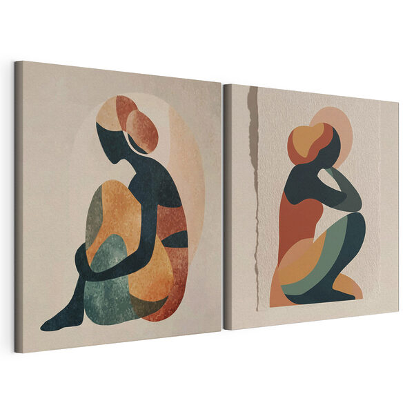 Two art pieces of a woman sitting down