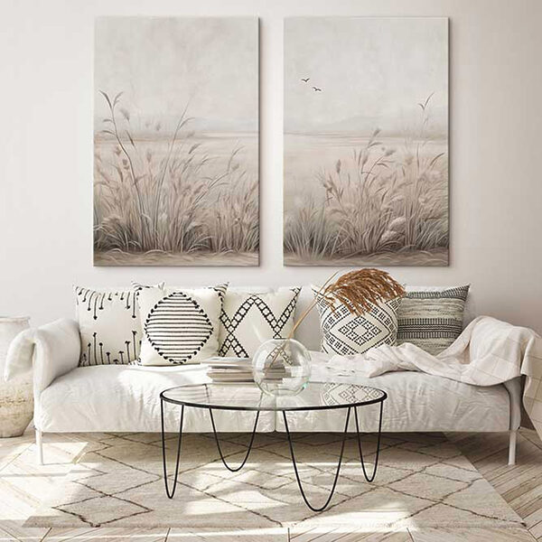 Painting of grass and birds flying