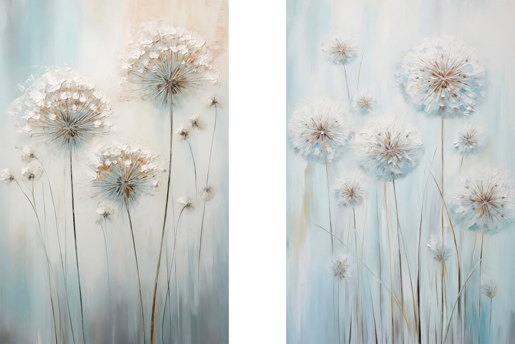 Painting of dandelions on a blue background