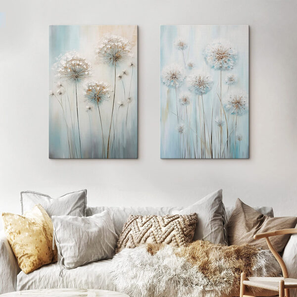 Painting of dandelions on a blue background