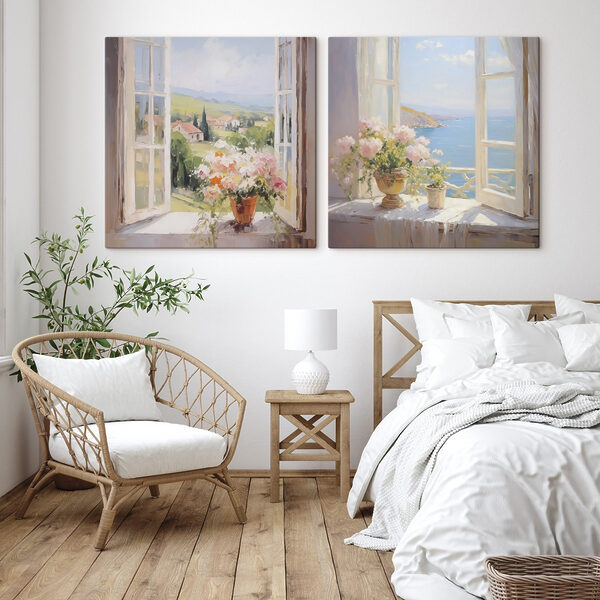 Painting of flowers on a window sill
