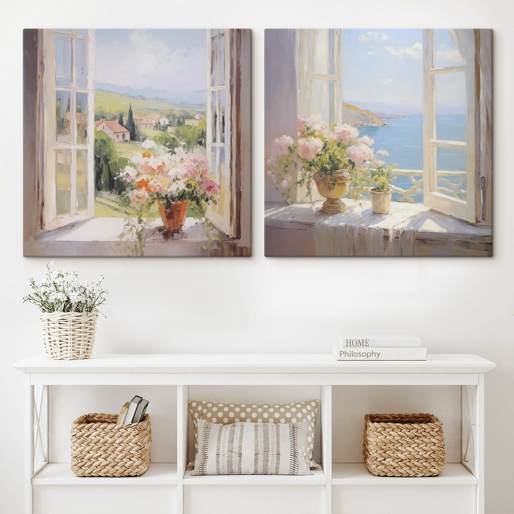 Painting of flowers on a window sill