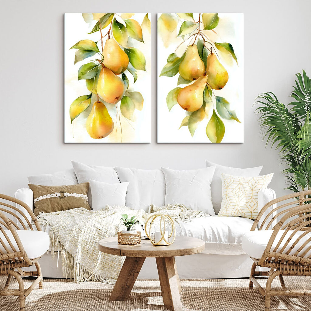 Watercolor painting of pears on a branch