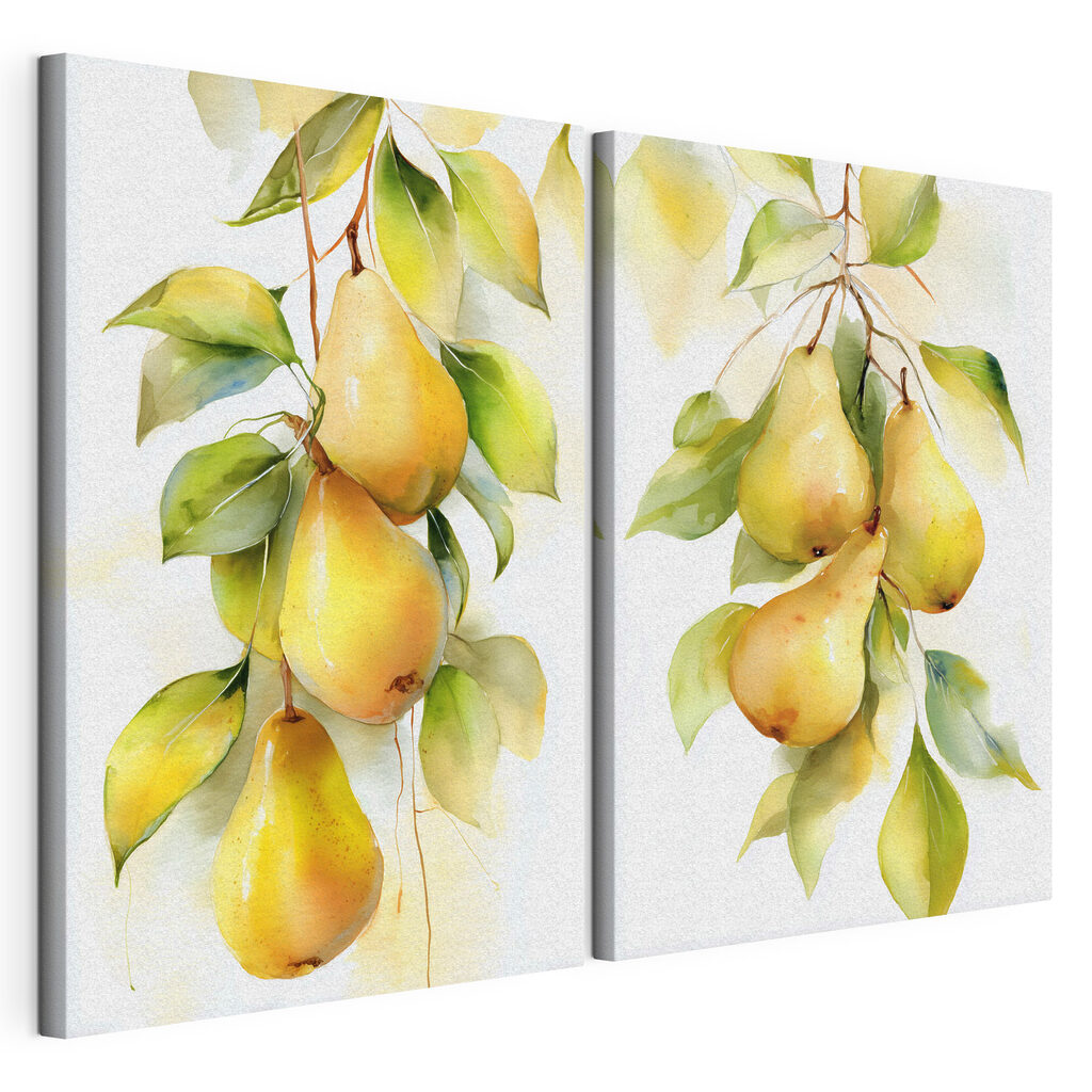 Watercolor painting of pears on a branch