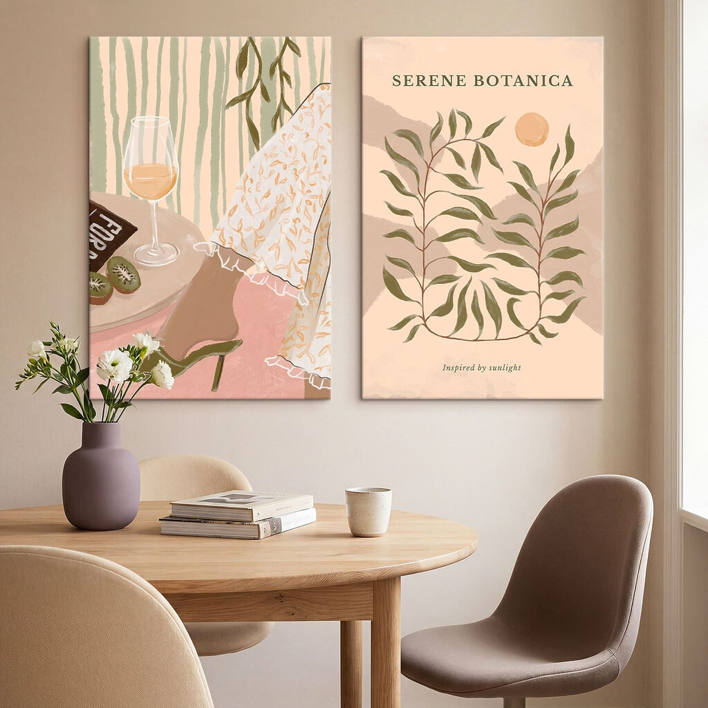 Two posters of a woman's legs and a glass of wine