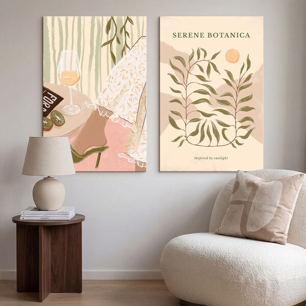 Two posters of a woman's legs and a glass of wine
