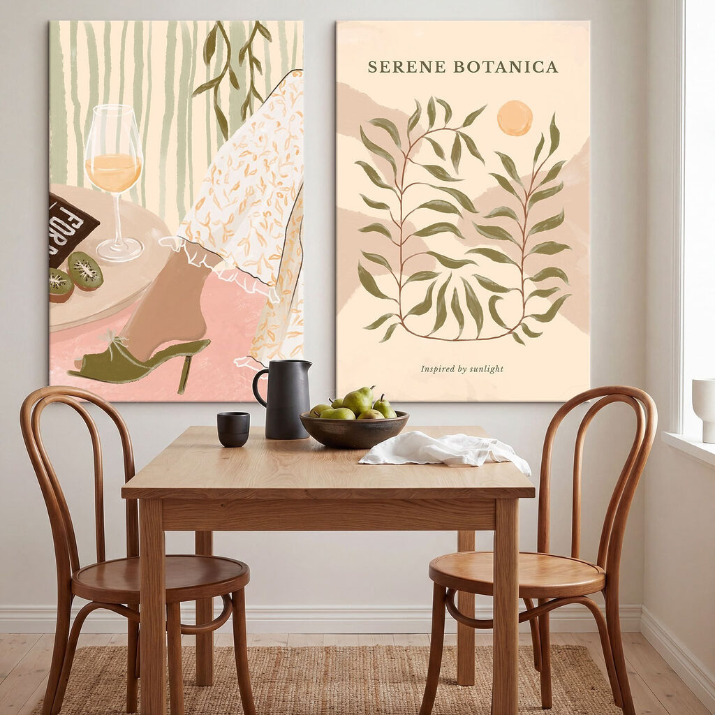 Two posters of a woman's legs and a glass of wine