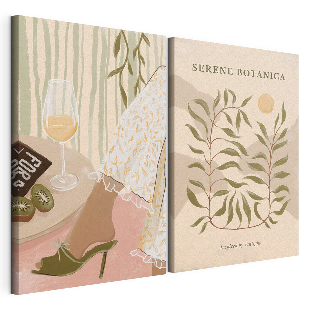 Two posters of a woman's legs and a glass of wine