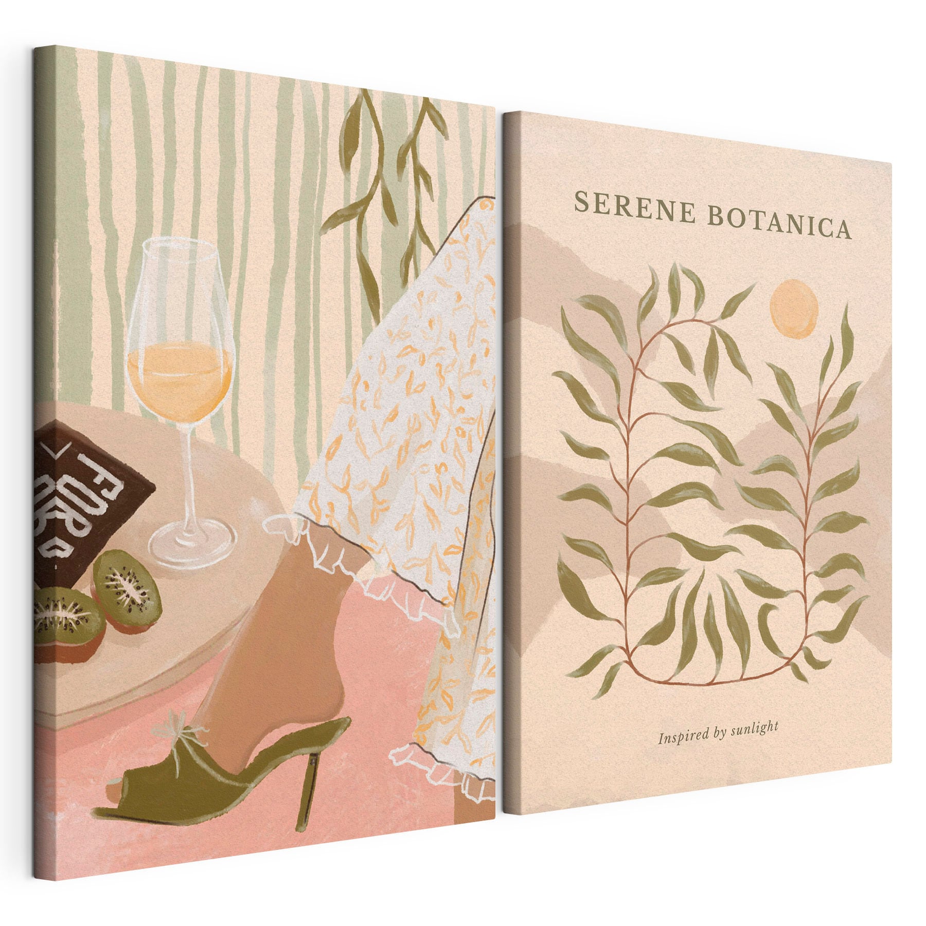 Two posters of a woman's legs and a glass of wine