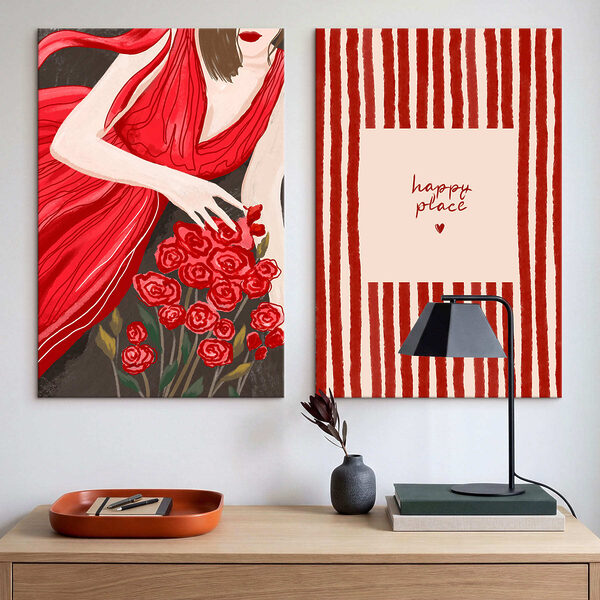 Woman in a red dress holding flowers