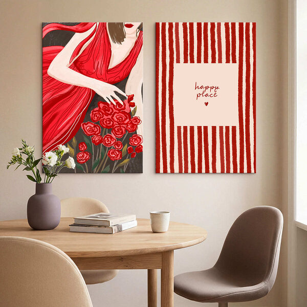 Woman in a red dress holding flowers