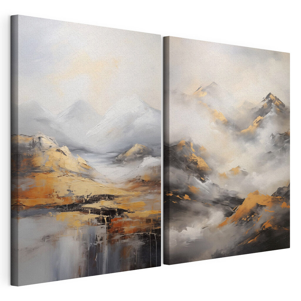Painting of mountains with clouds
