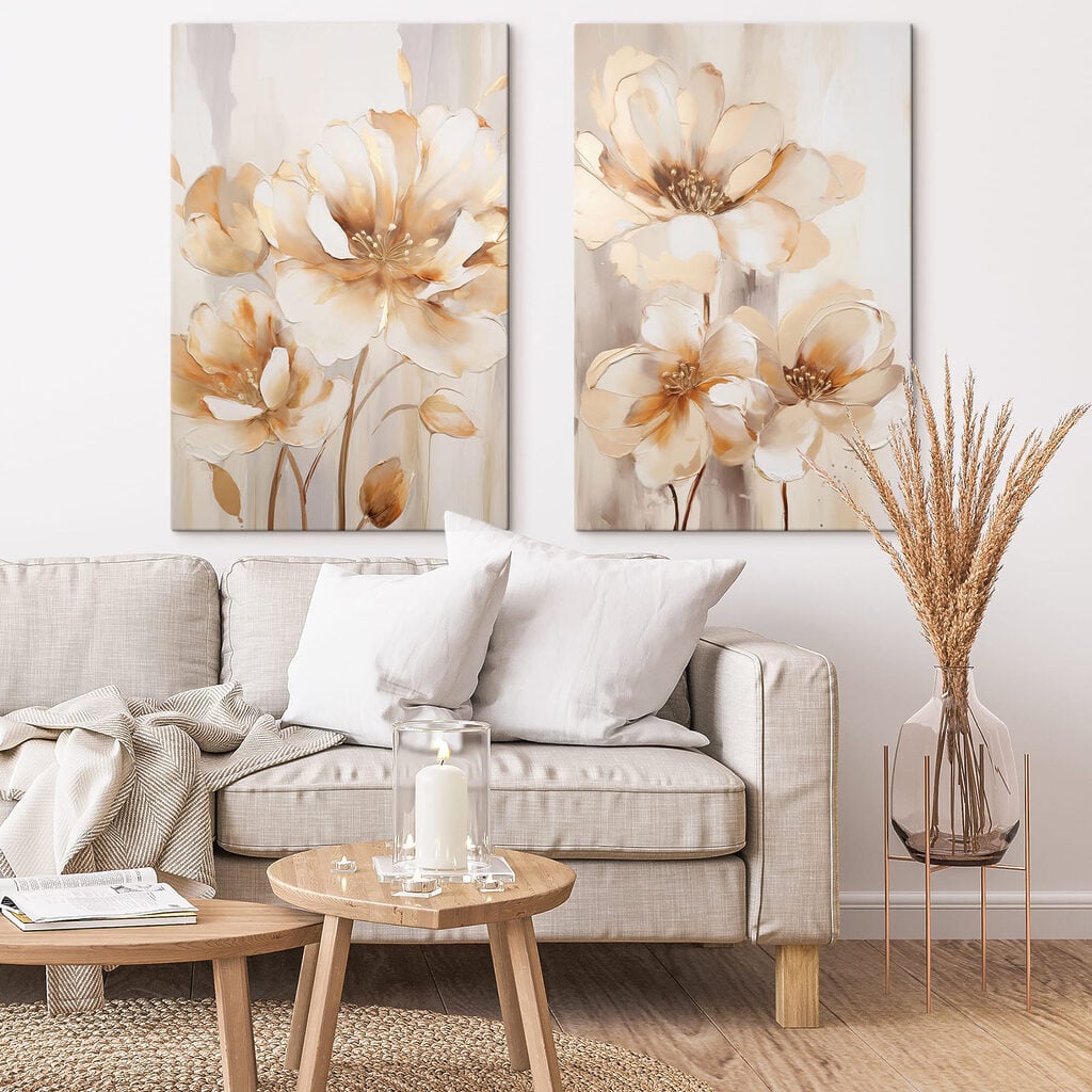Two paintings of flowers on a beige background