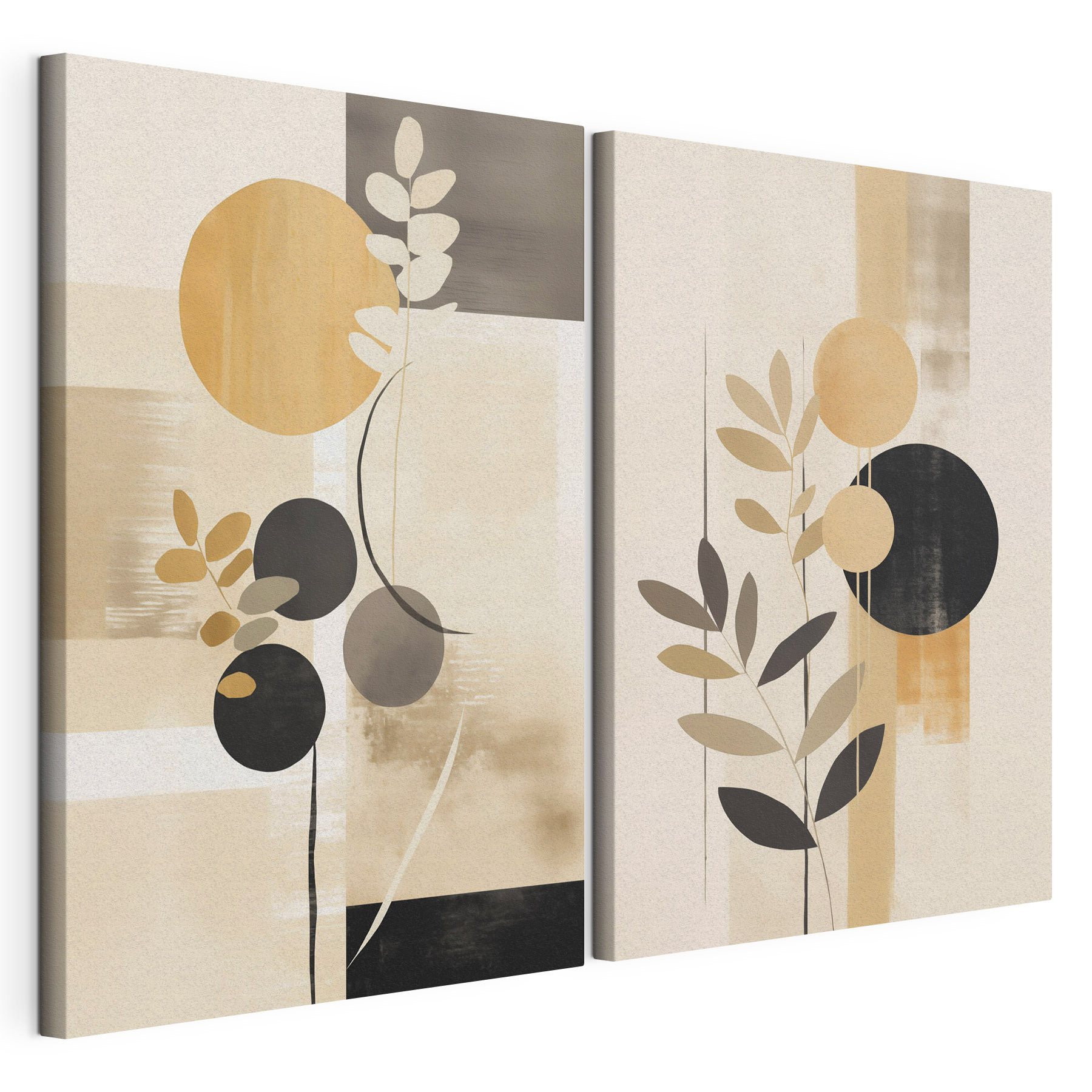 Two paintings of circles and leaves