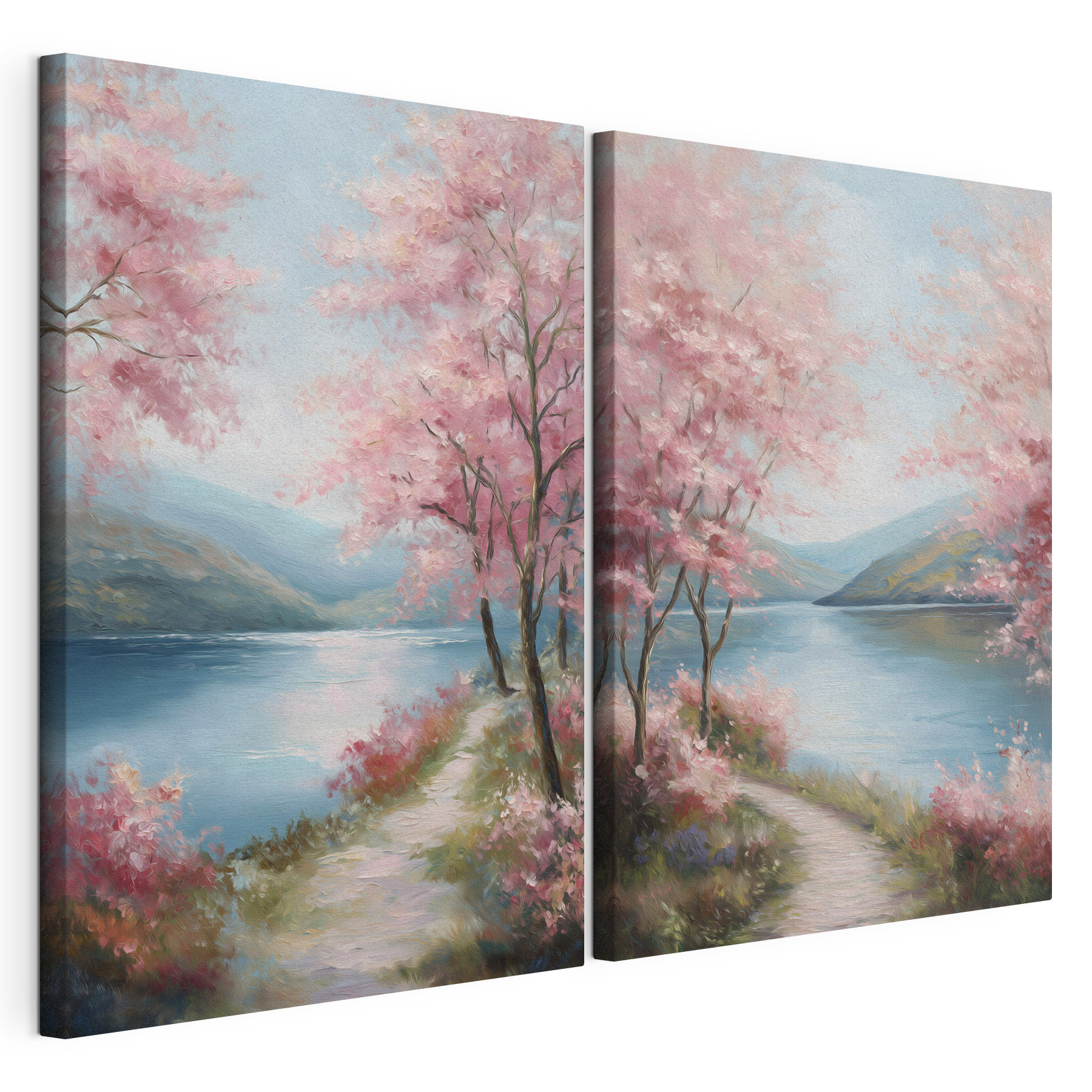 Painting of a path by a lake with pink flowers