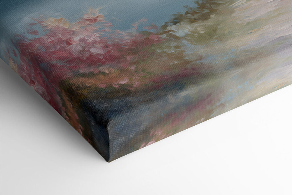 Painting of a path by a lake with pink flowers