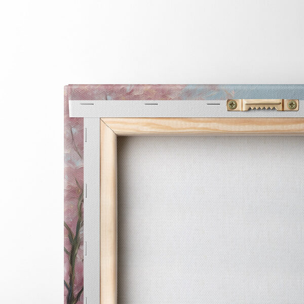 Painting of a path by a lake with pink flowers