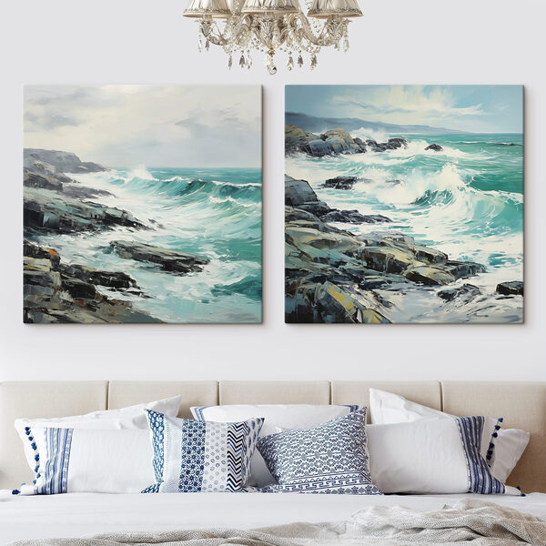 Painting of waves crashing on rocks