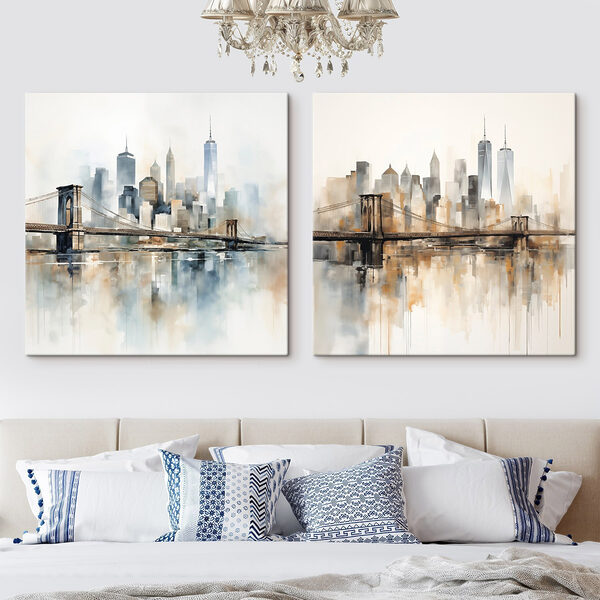 Painting of a city and a bridge