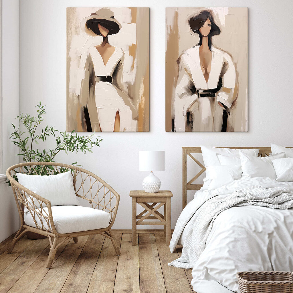 Two paintings of a woman in white