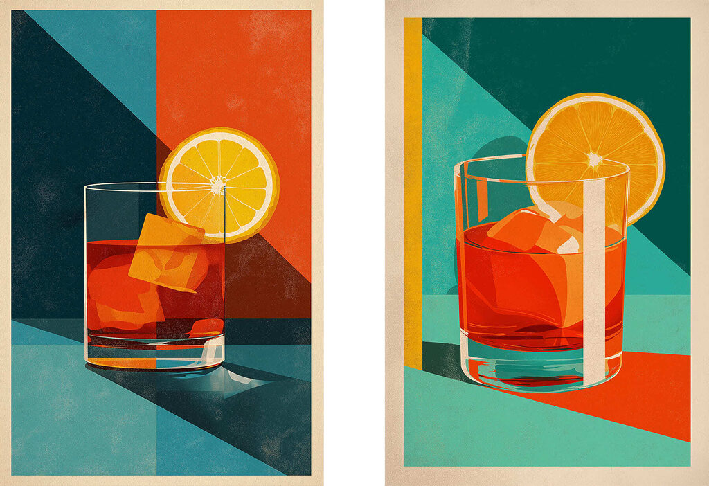 Two images of a drink with ice cubes and a lemon