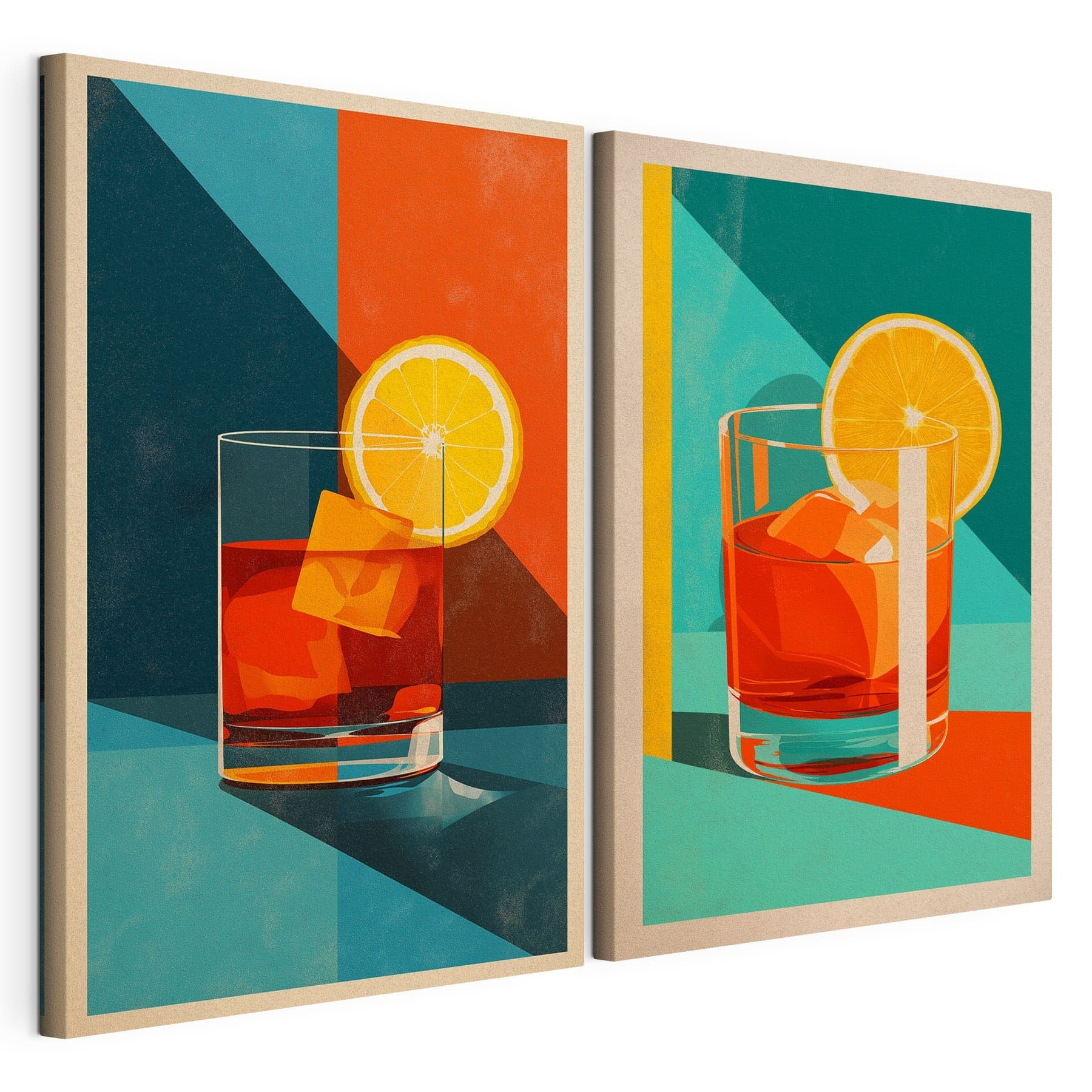 Two images of a drink with ice cubes and a lemon