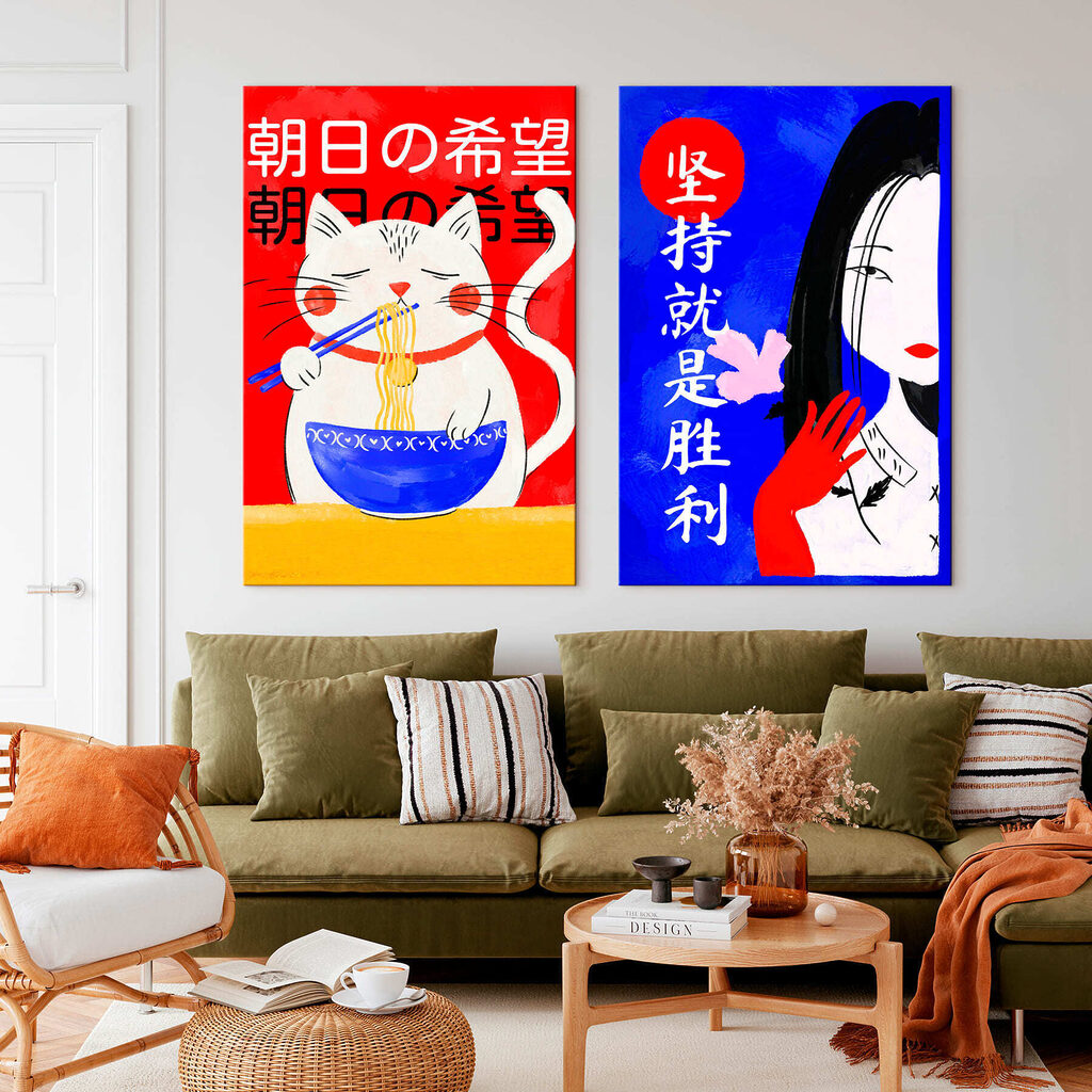 Two posters of a cat and a woman