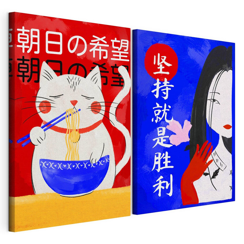 Two posters of a cat and a woman