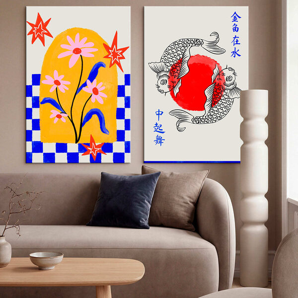 Two cards with flowers and fish