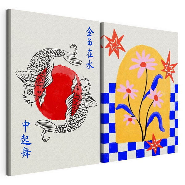 Two cards with flowers and fish