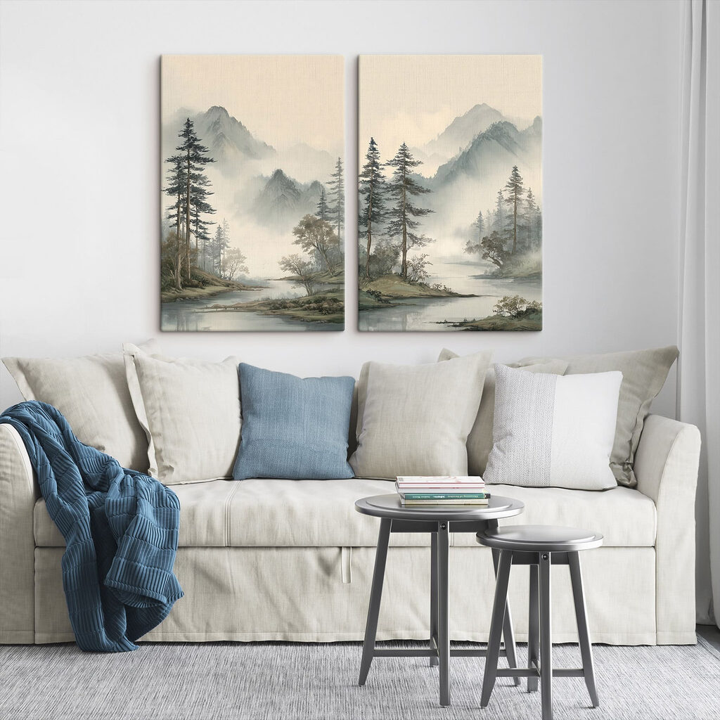 Painting of a river with trees and mountains