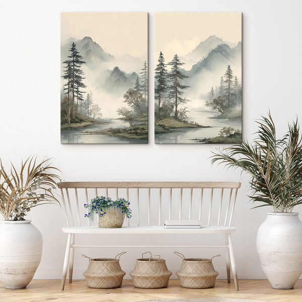 Painting of a river with trees and mountains