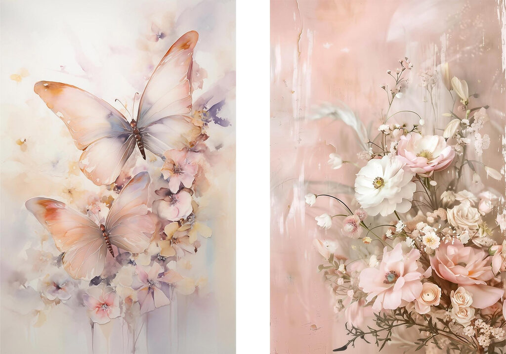 Two paintings of flowers and butterflies