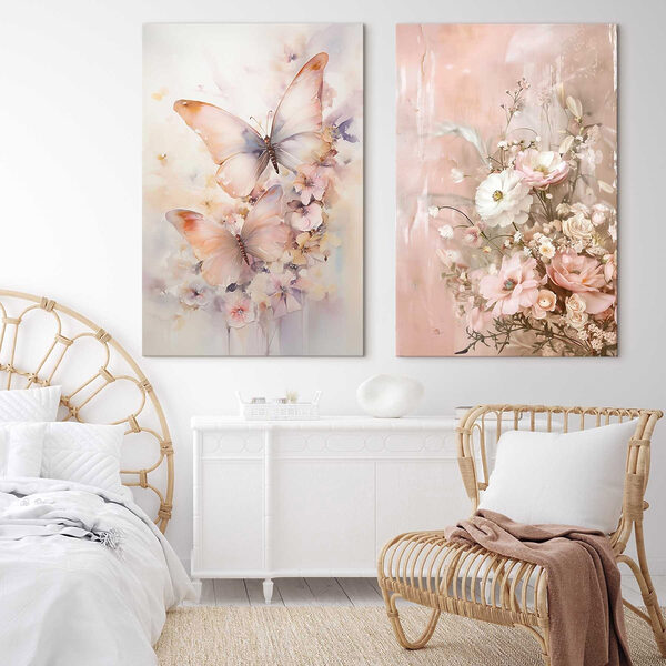 Two paintings of flowers and butterflies