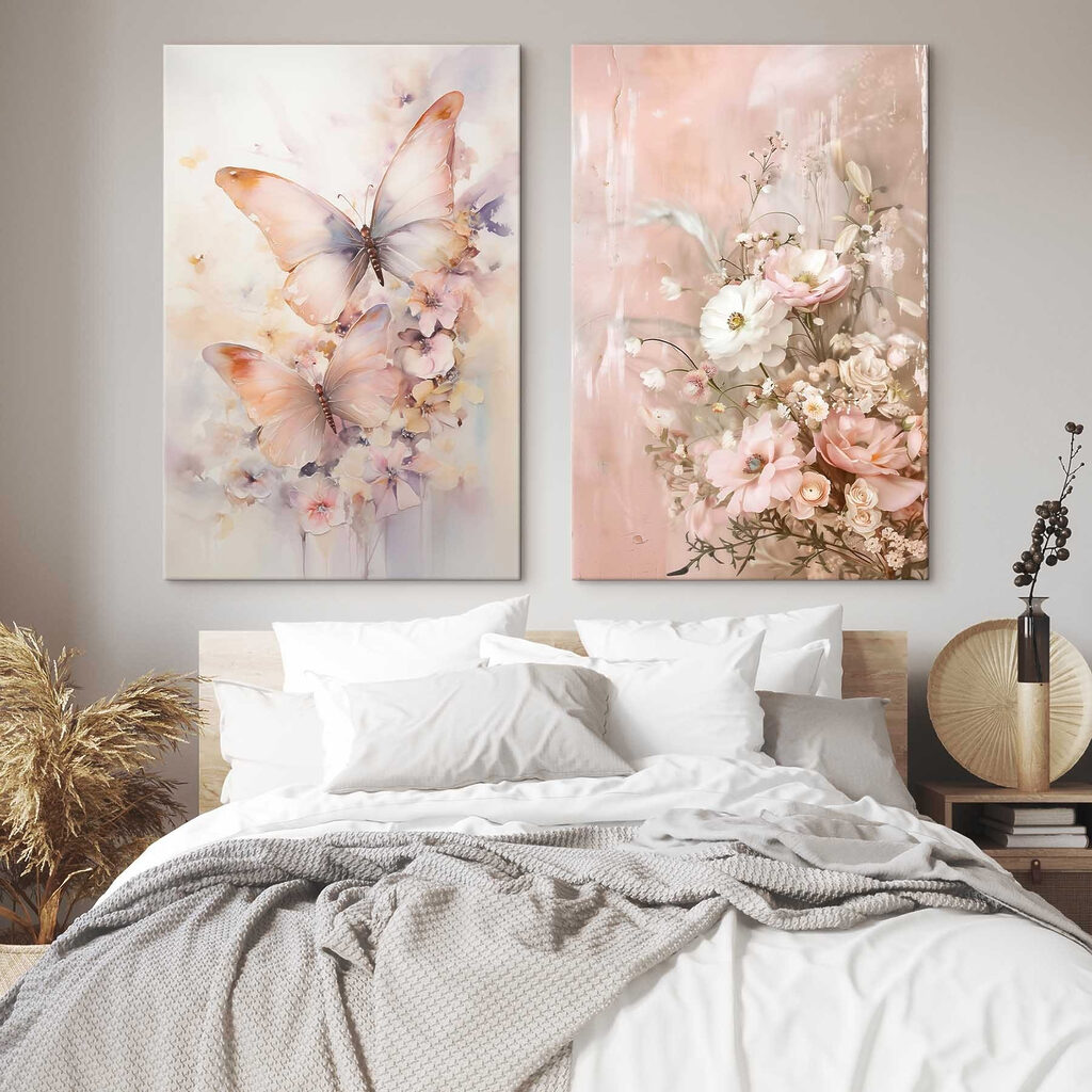 Two paintings of flowers and butterflies