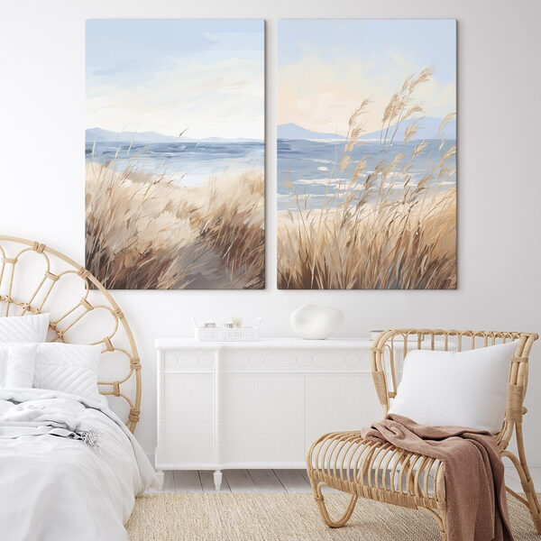Painting of a beach and grass