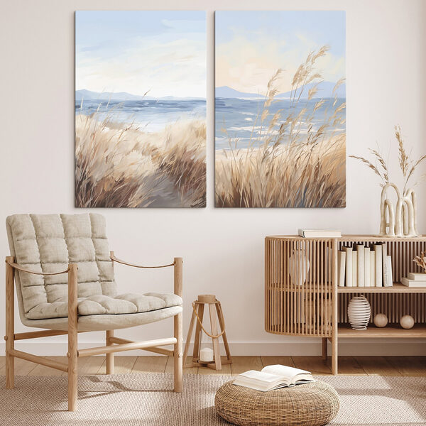 Painting of a beach and grass
