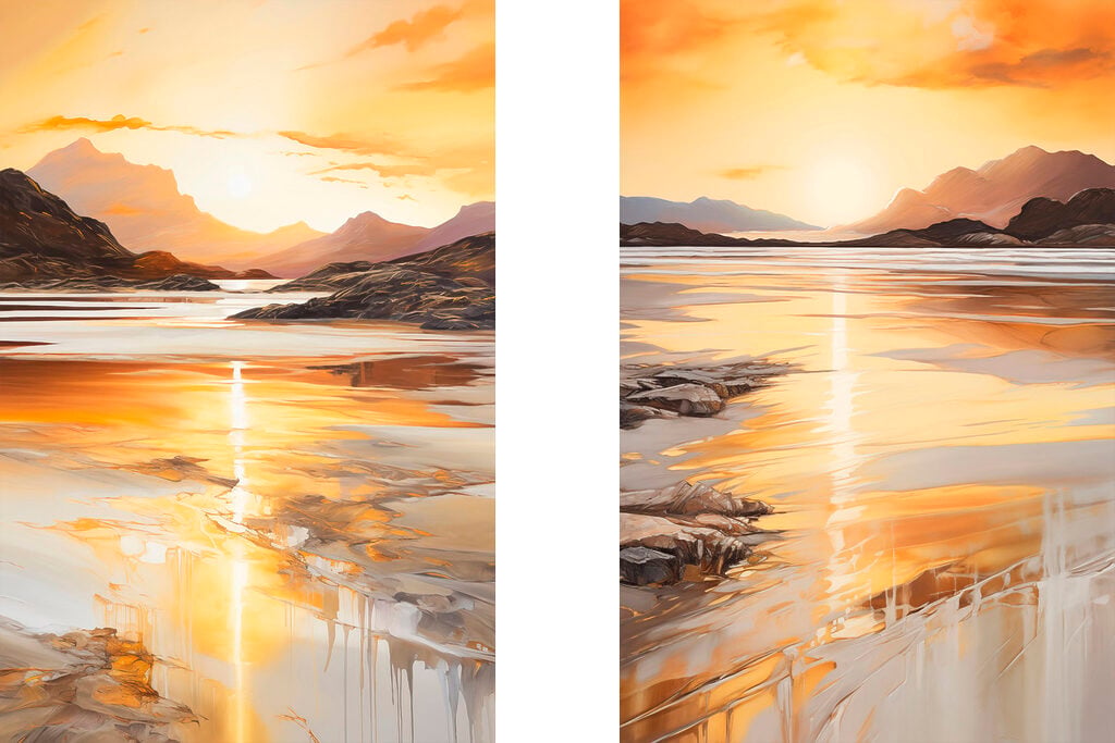 Painting of a beach and mountains