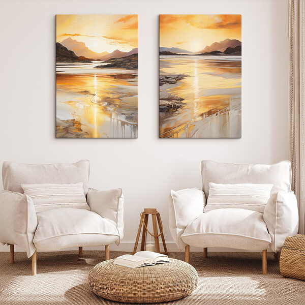 Painting of a beach and mountains