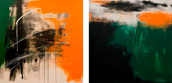 Two art pieces of orange and black