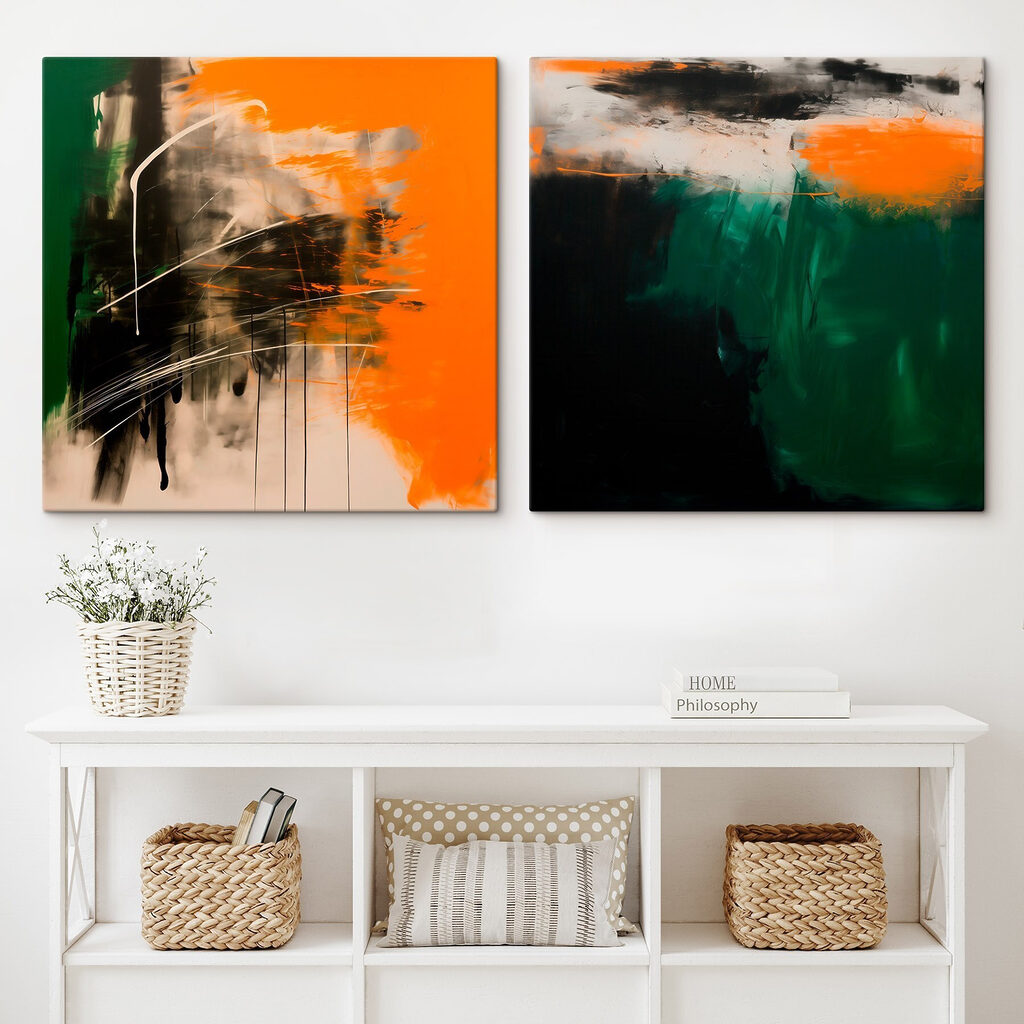 Two art pieces of orange and black
