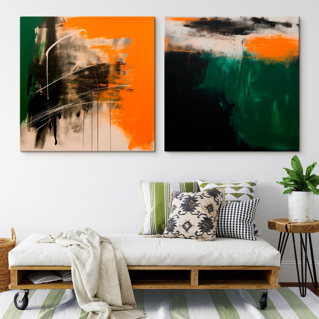 Two art pieces of orange and black