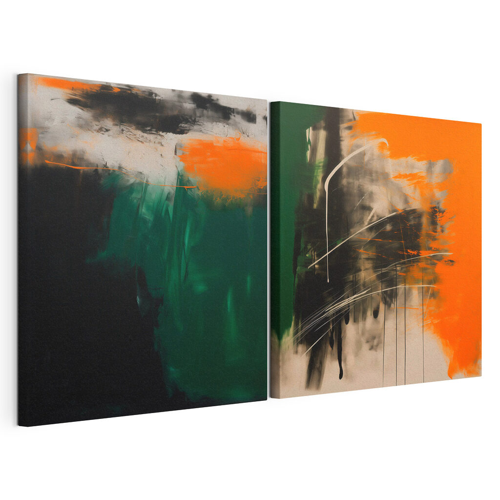 Two art pieces of orange and black