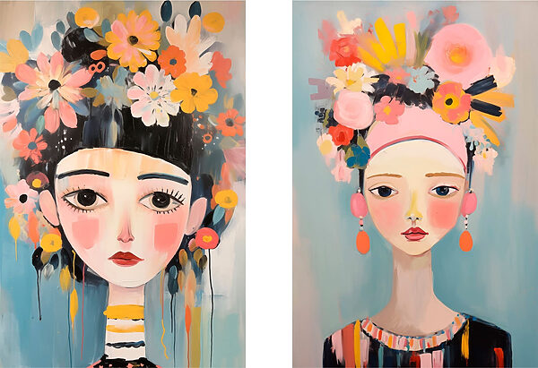 Two paintings of a woman with flowers