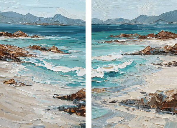 Painting of a beach with waves and rocks