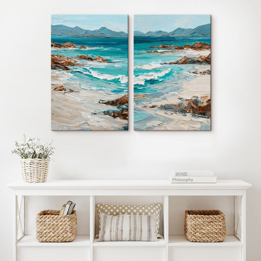 Painting of a beach with waves and rocks