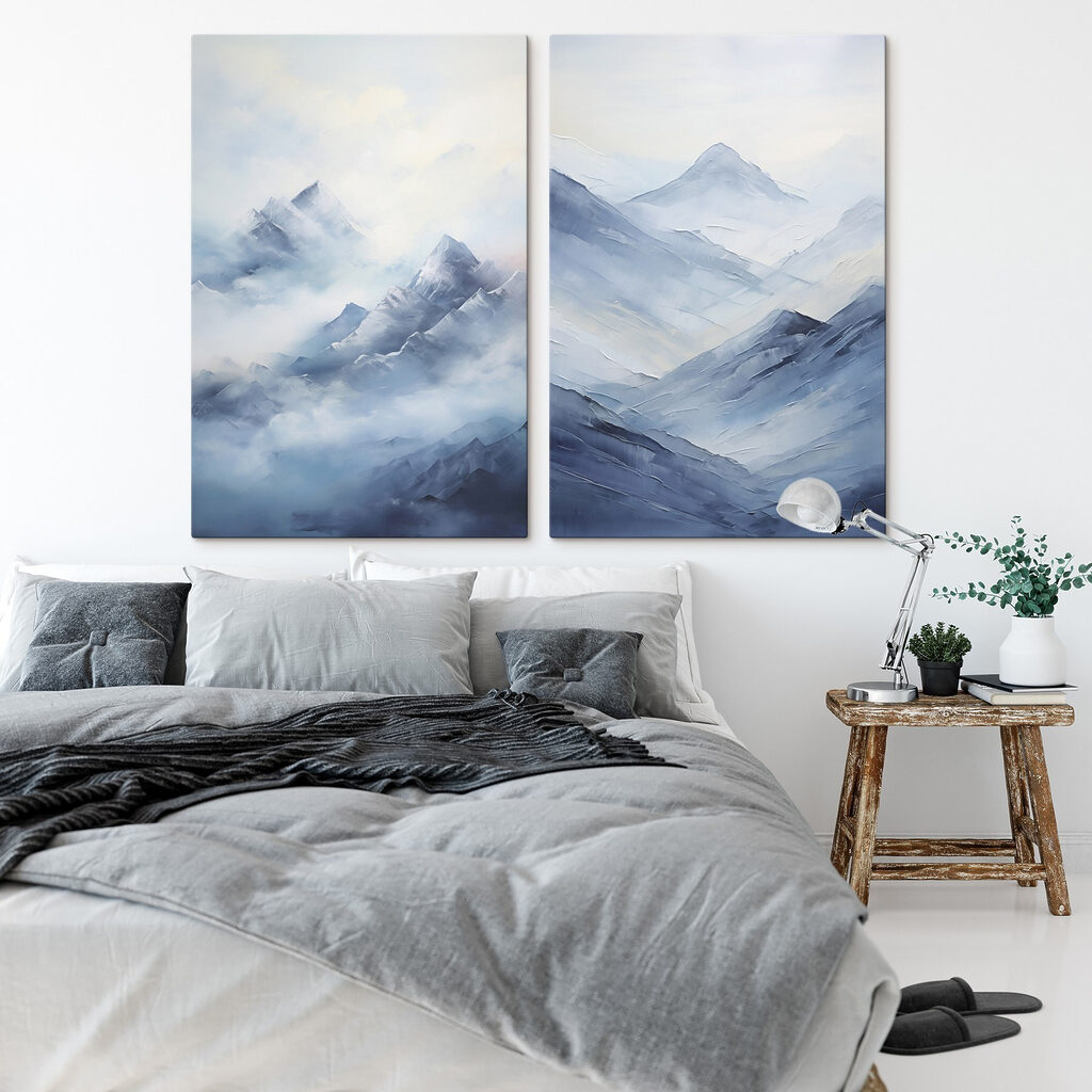 Painting of mountains in fog