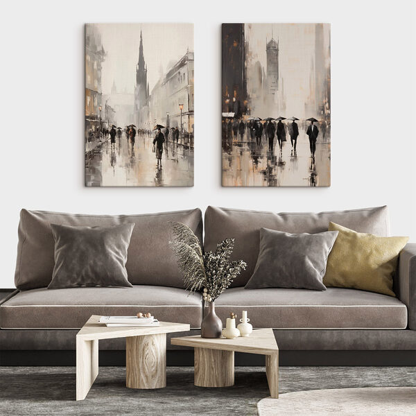 Painting of people walking with umbrellas