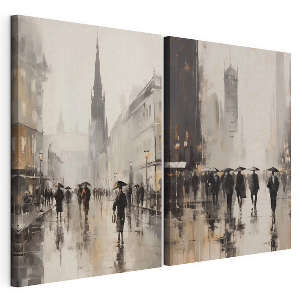 Painting of people walking with umbrellas