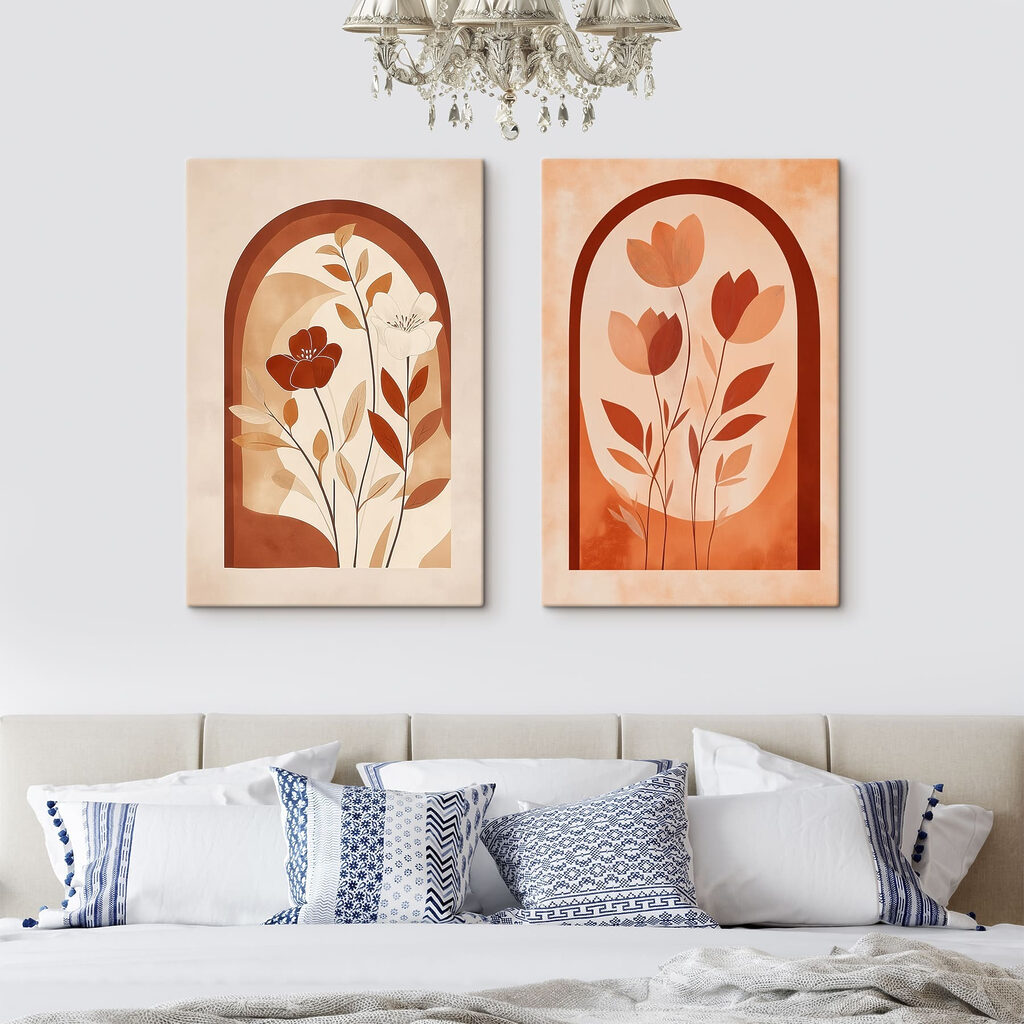 Two paintings of flowers and leaves